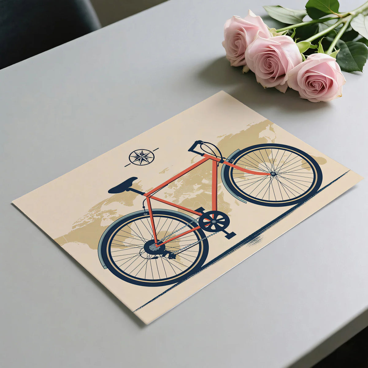 Commuter Bicycle on Vintage Map Mural Wallpaper — Minimalist Travel Mural Wallpaper - room preview 03