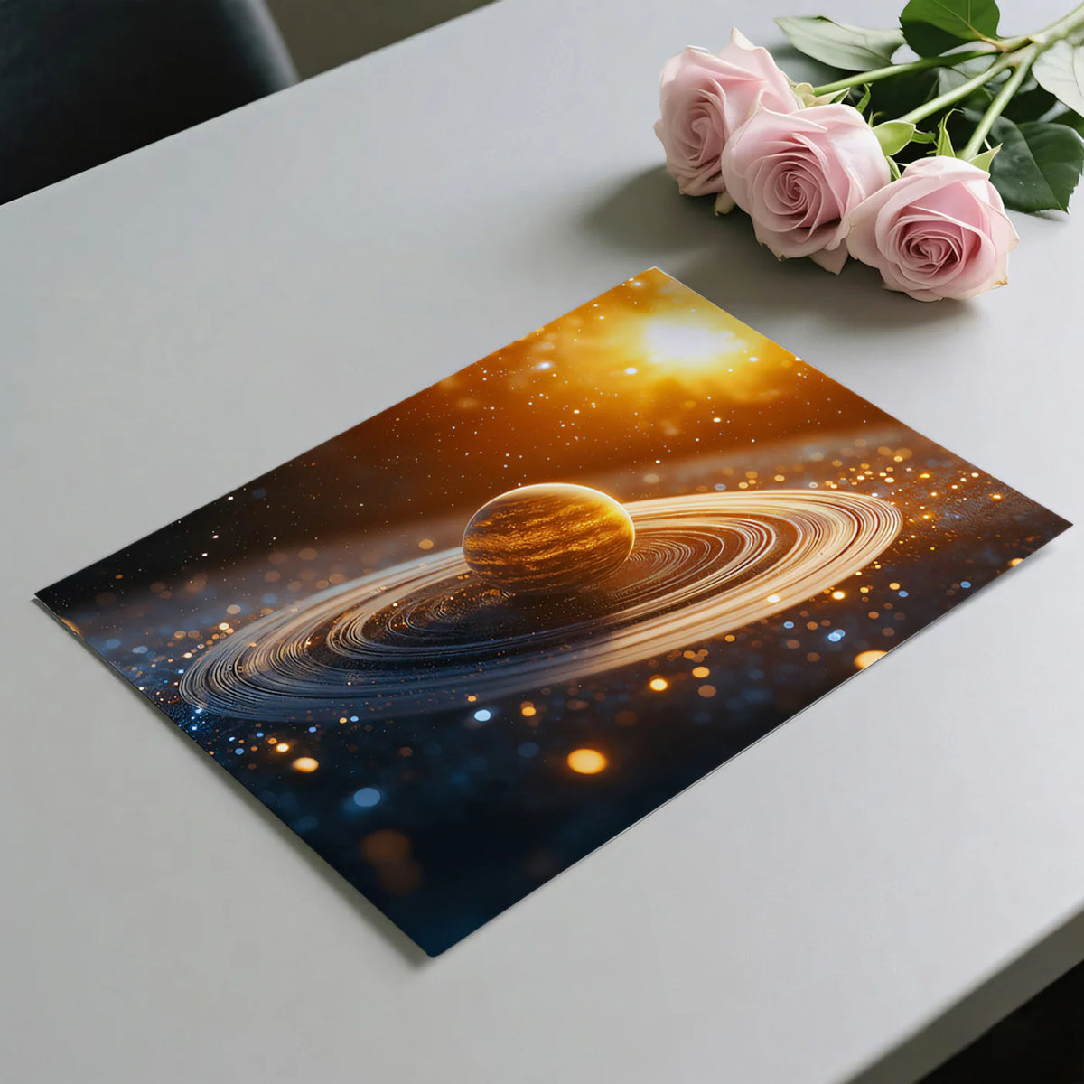 Golden Ringed Planet Mural Wallpaper —Cinematic Cosmic Design Mural Wallpaper - room preview 03