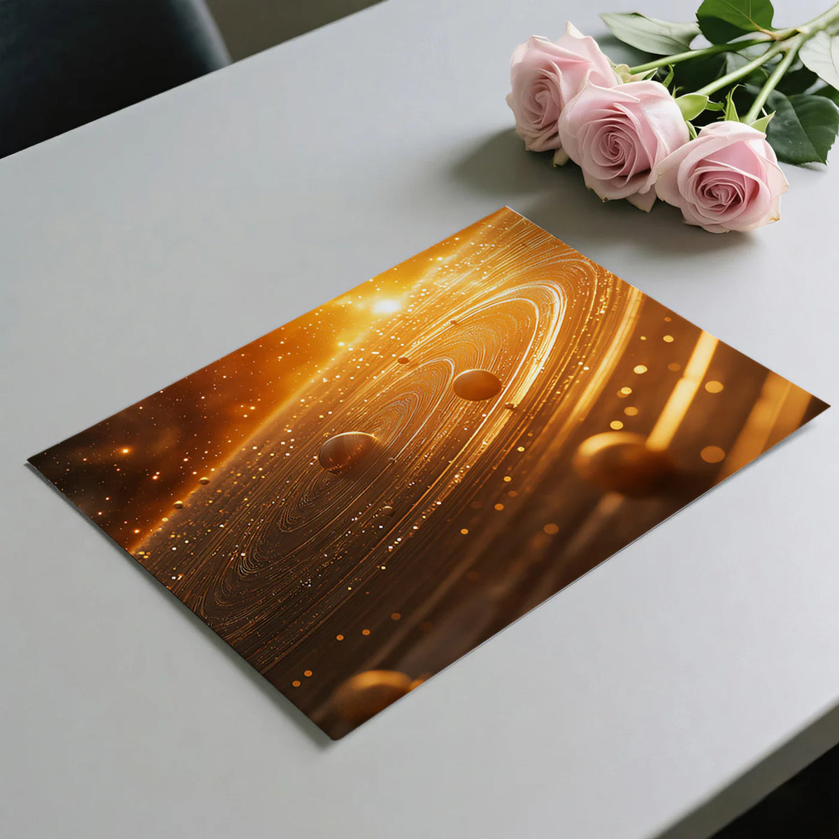 Orbital Rings Celestial Mural Wallpaper —Golden Cosmic Depth Mural Wallpaper - room preview 03