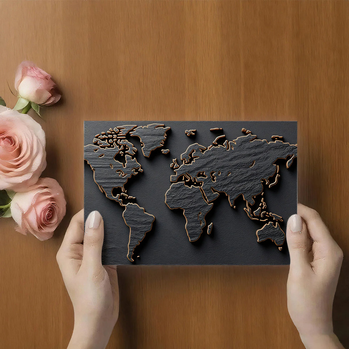 Textured Slate World Map Mural Wallpaper — Metallic Global Relief Mural Wallpaper - room preview 03