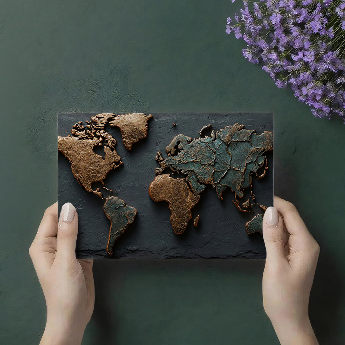 Dual-Tone Metallic World Map Mural Wallpaper — Industrial Relief Mural Wallpaper - room preview 03