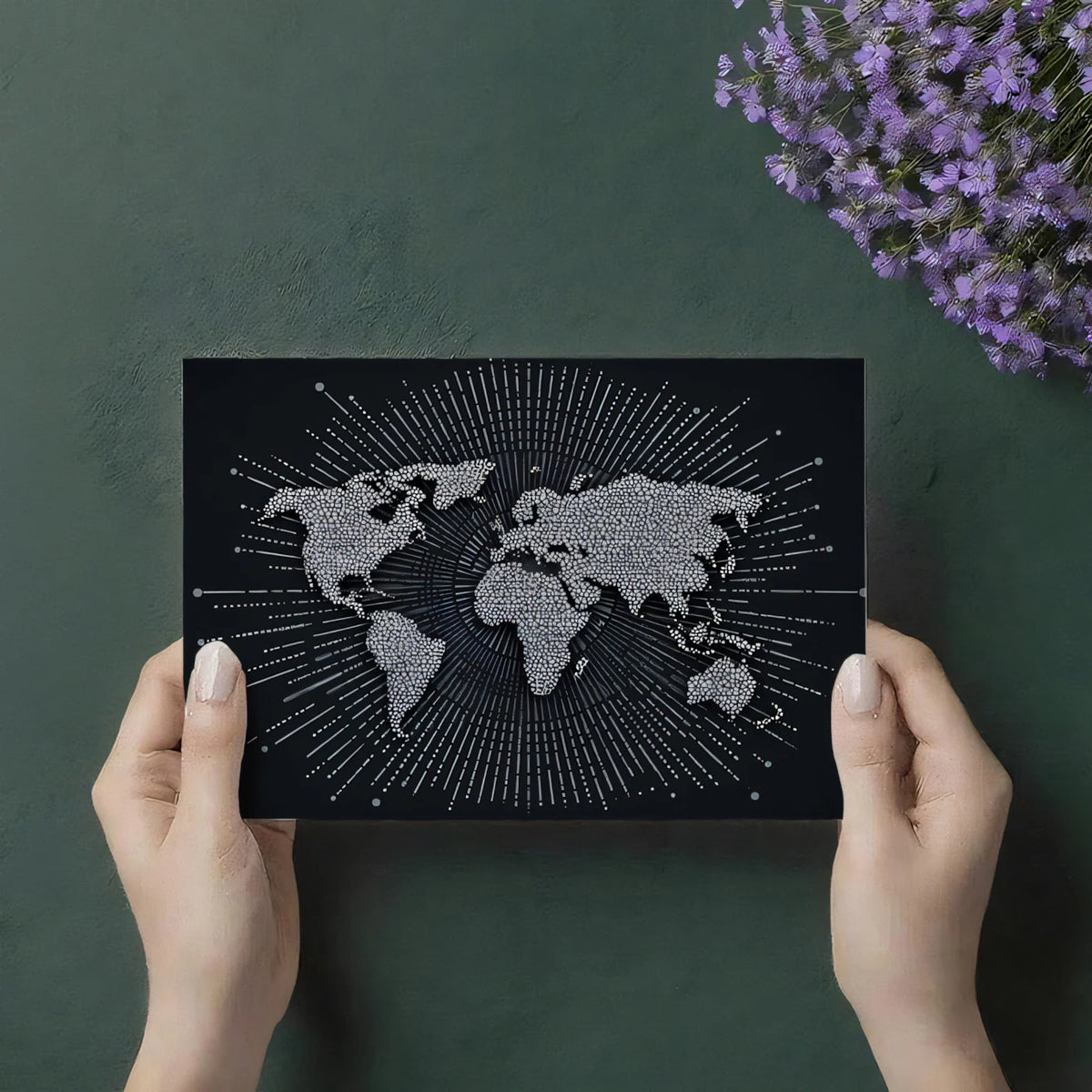 Stippled World Map Mural Wallpaper — Bold Monochrome Burst Mural Wallpaper - room preview 03