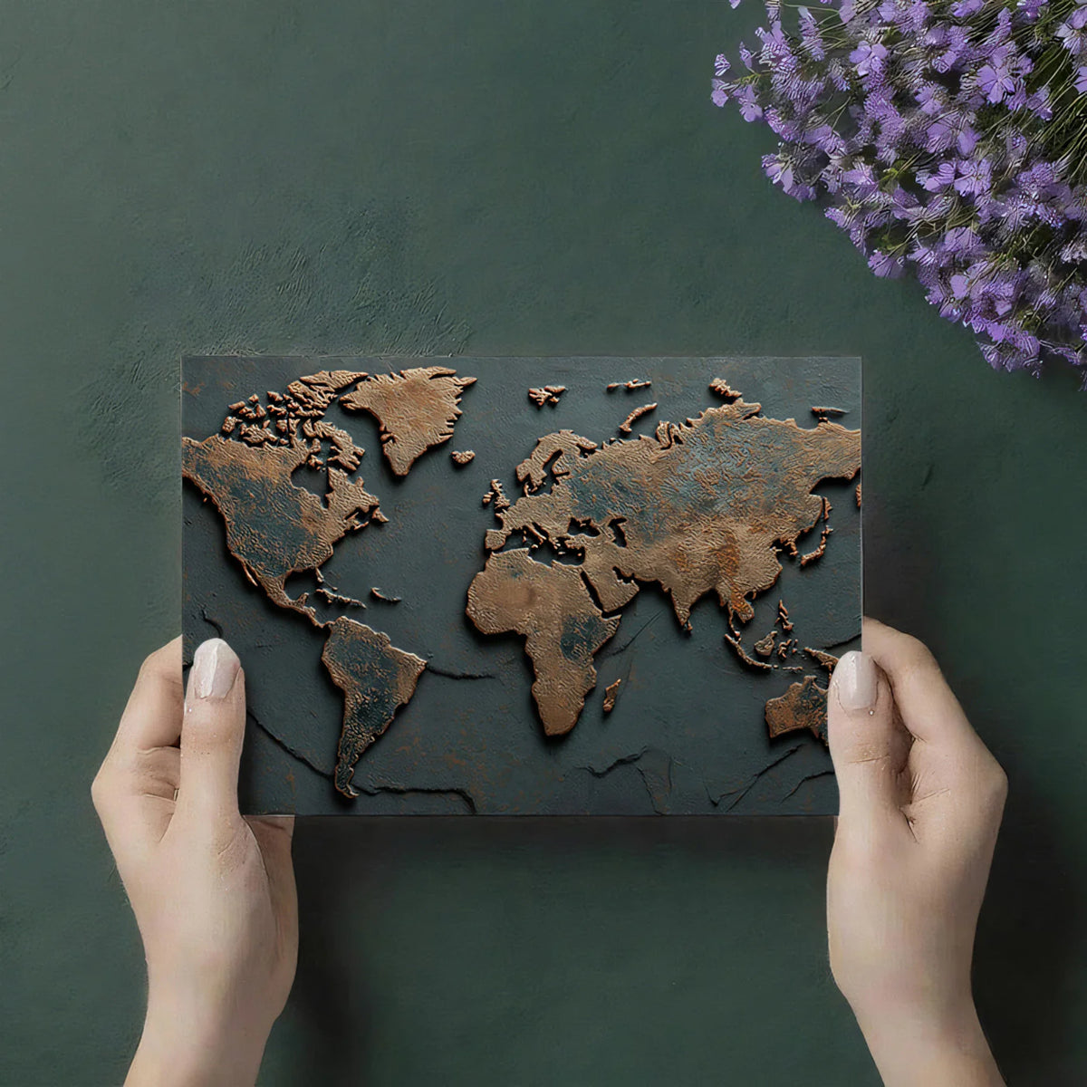 Aged Copper World Map Mural Wallpaper — Rustic Industrial Patina Mural Wallpaper - room preview 03