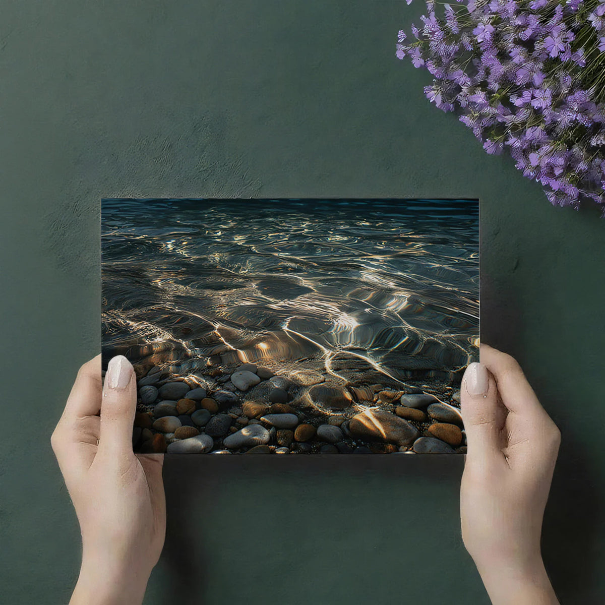 Sunlit Pebble Shore Mural Wallpaper — Calm Coastal Shoreline Mural Wallpaper - room preview 03