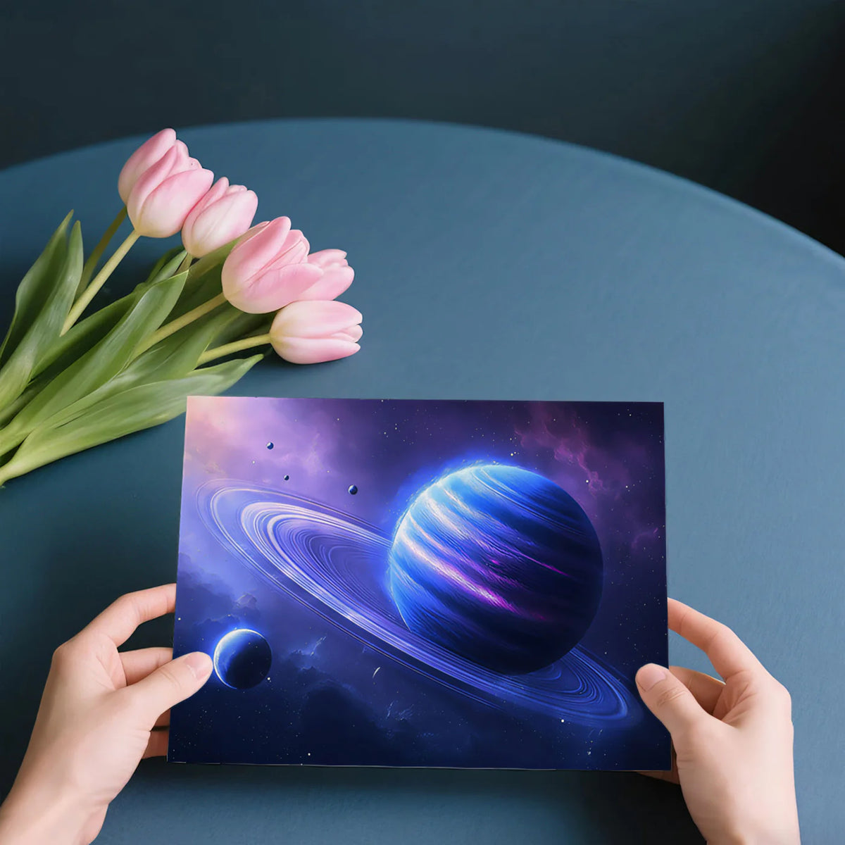 Celestial Ringed Planet Mural Wallpaper — Cosmic Azure and Indigo Mural Wallpaper - room preview 03
