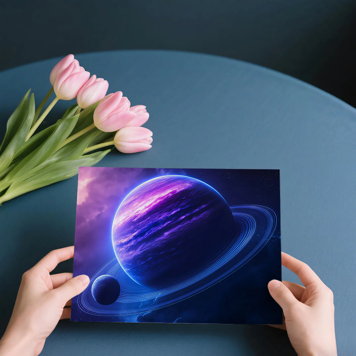 Neon Ringed Planet Mural Wallpaper — Cosmic Space Fantasy Mural Wallpaper - room preview 03
