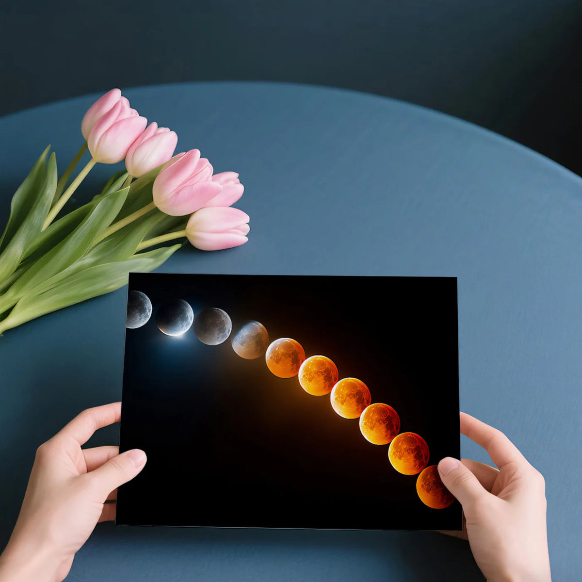 Lunar Eclipse Progression Mural Wallpaper Full Color Shift, Time-Lapse Celestial Event, Dark Background Mural Wallpaper - room preview 03