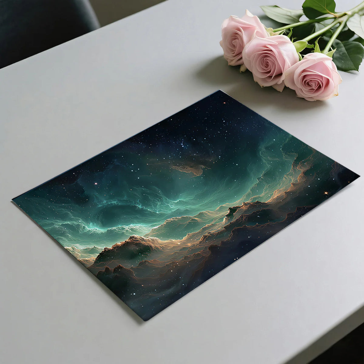Nebula Canyon Mural Wallpaper — Teal and Gold Cosmic Landscape Mural Wallpaper - room preview 03