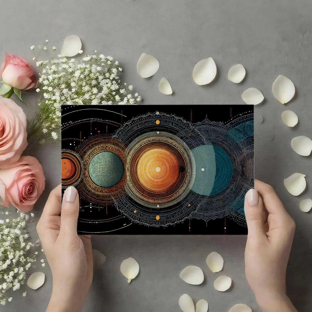 Celestial Orbits Mural Wallpaper — Intricate Mandala Planetary Art Mural Wallpaper - room preview 03