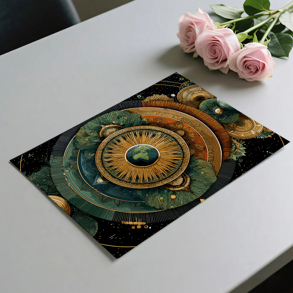 Cosmic Mandala Mural Wallpaper — Earth Toned Geometric Symmetry Mural Wallpaper - room preview 03