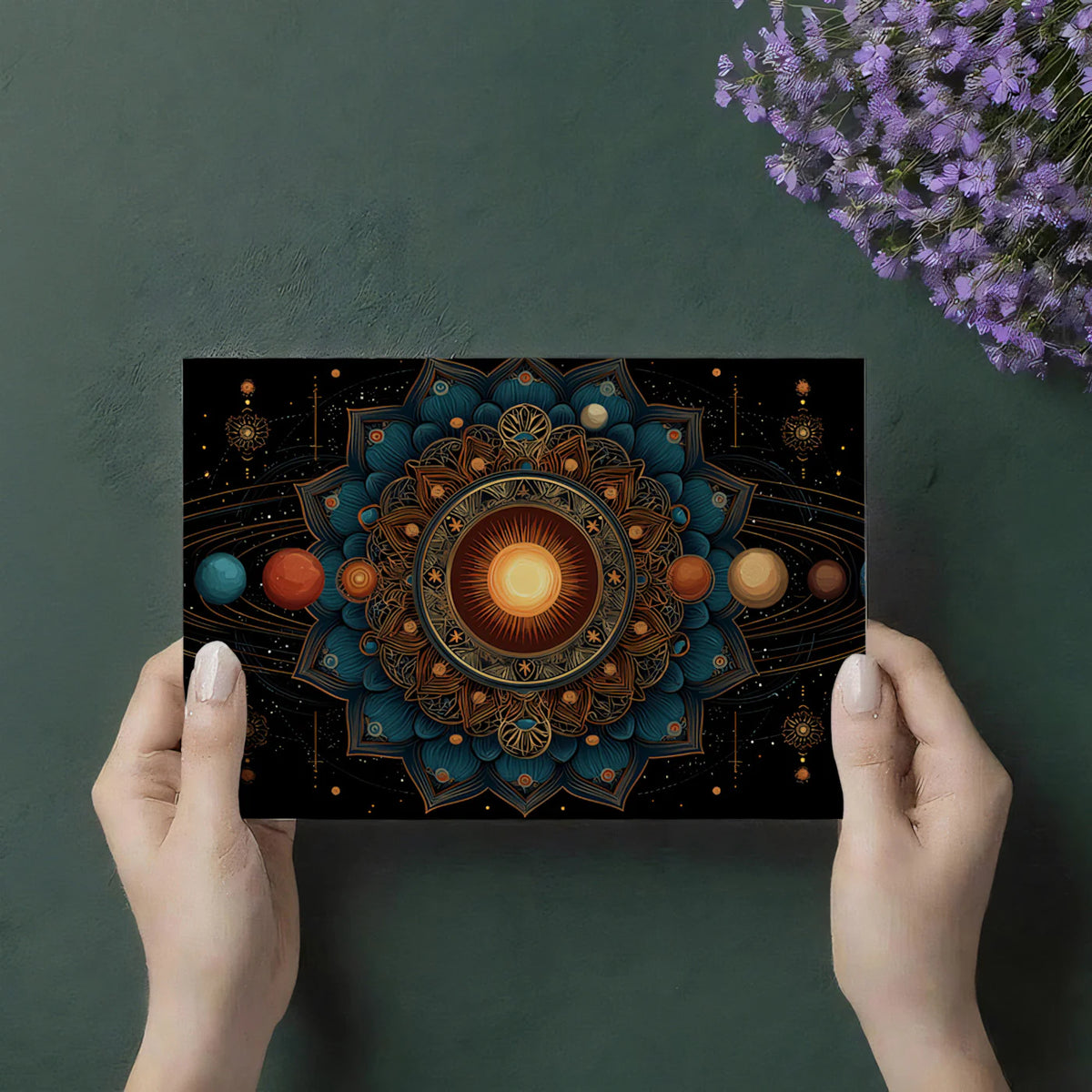 Celestial Lotus Mandala Mural Wallpaper — Deep Teal and Gold Orbits Mural Wallpaper - room preview 03