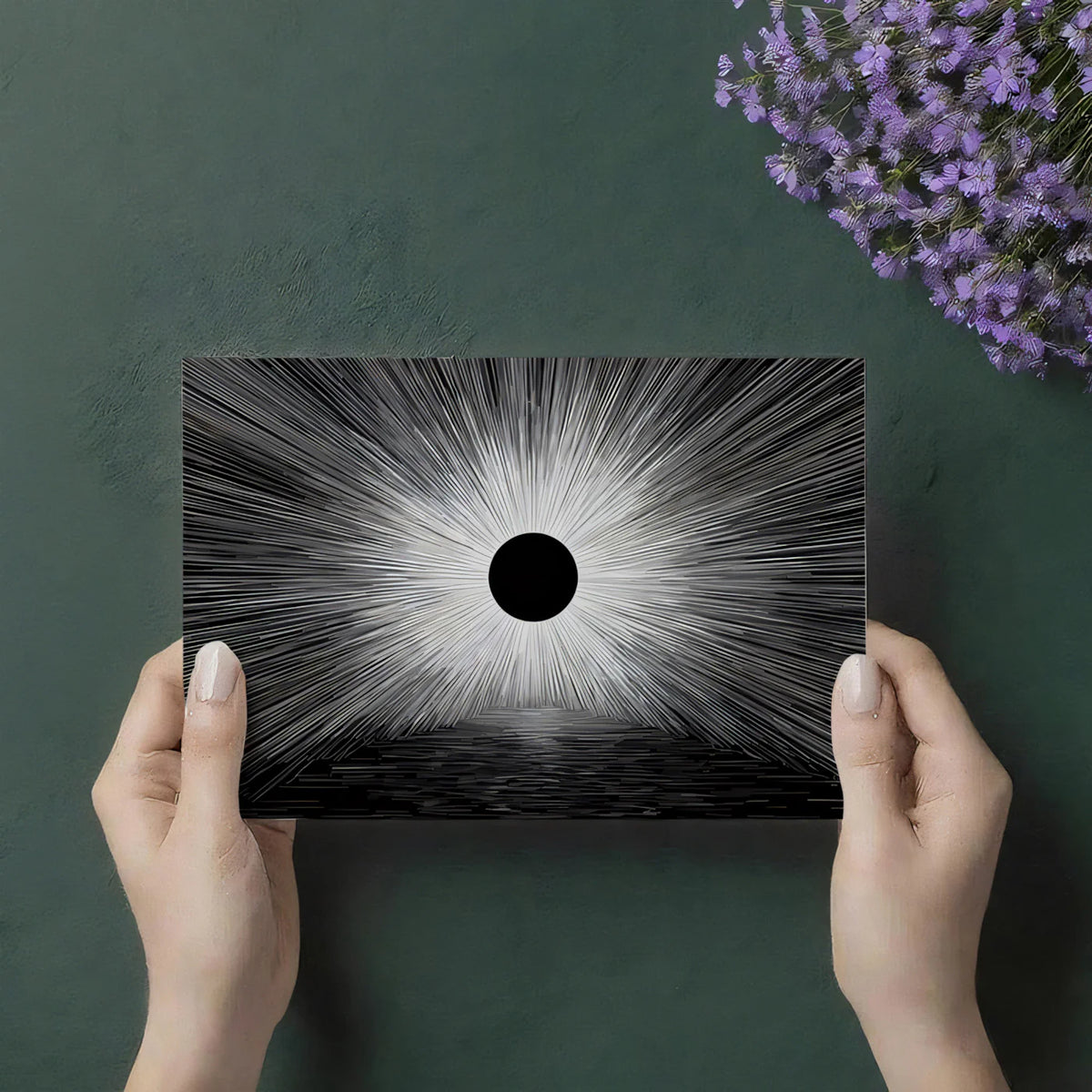 Solar Eclipse Radial Mural Wallpaper — Dramatic Monochrome Graphic Mural Wallpaper - room preview 03