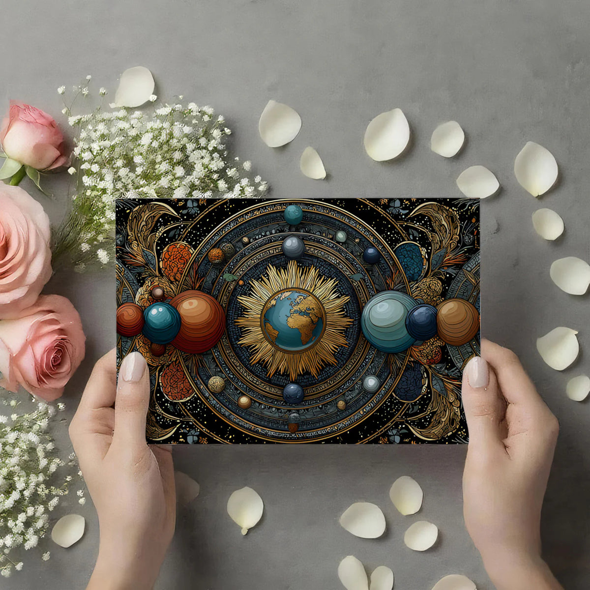 Celestial Orbits Mural Wallpaper — Ornate Solar System Motif Mural Wallpaper - room preview 03