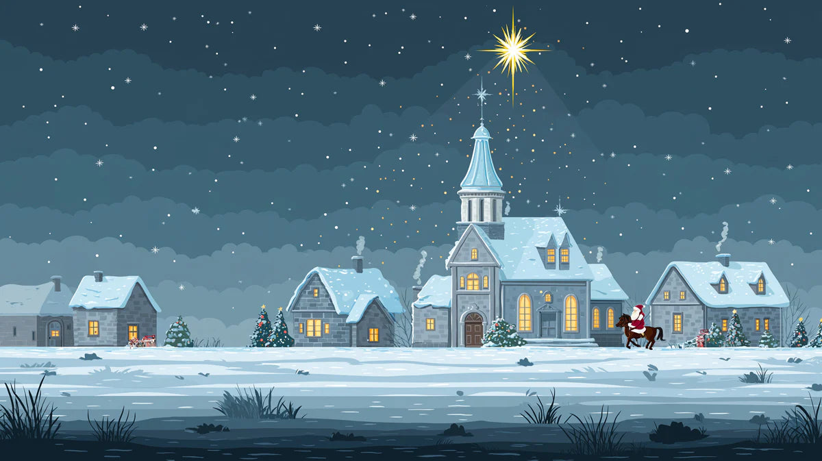 Snowy Village Night Mural Wallpaper — Festive Holiday Illustration Mural Wallpaper - room preview 03