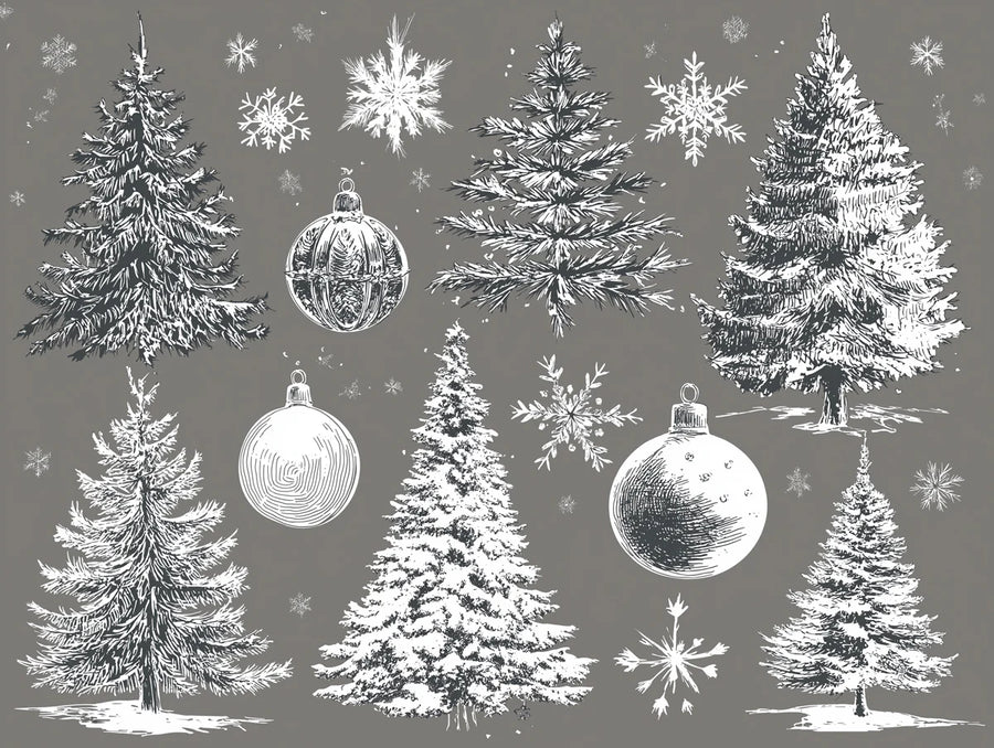 Forest Wallpaper Mural – Woodland Wall Mural – Vintage Christmas Tree Sketch — Hand-Drawn Holiday printable artwork