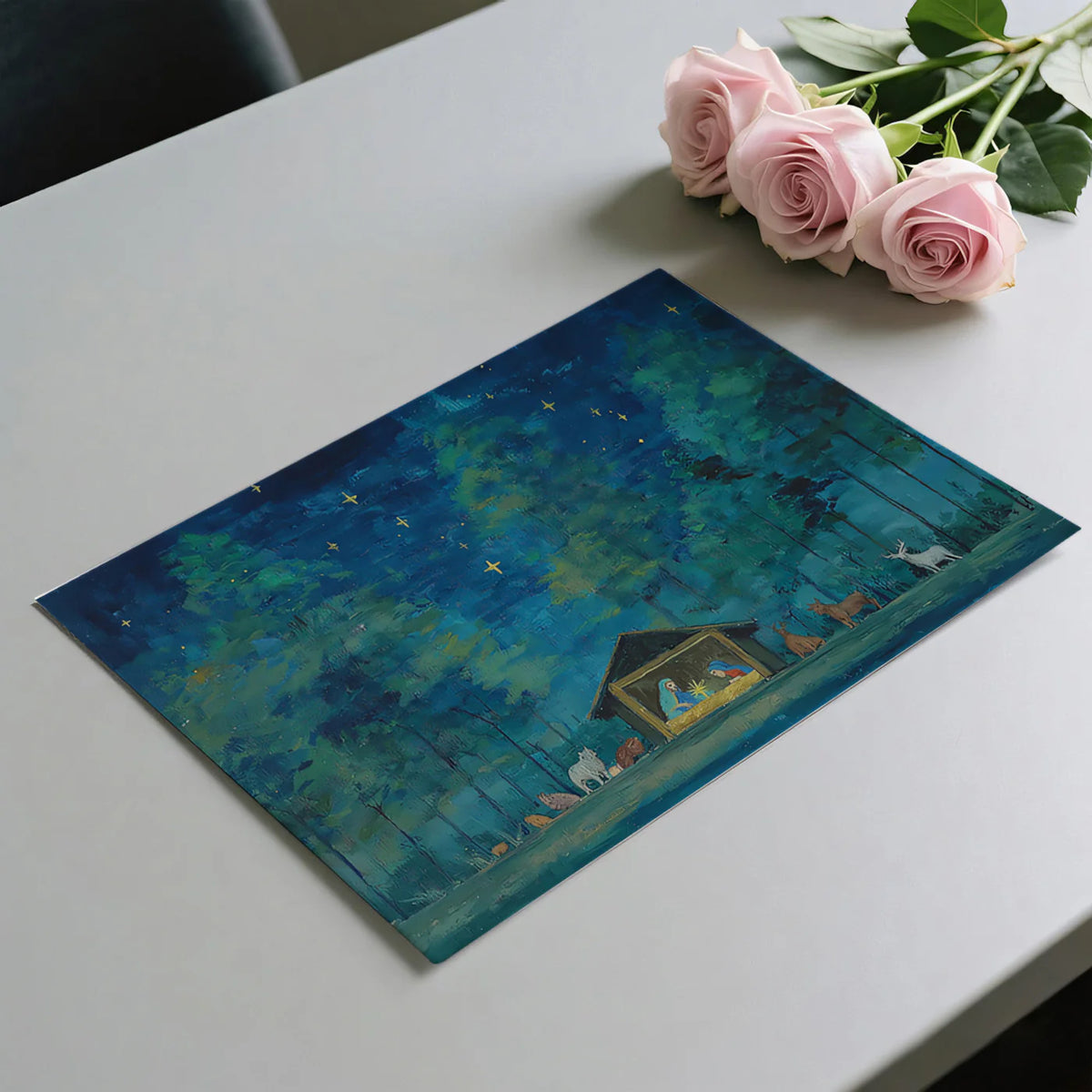 Starry Night Nativity Scene Mural Wallpaper — Artistic Forest Oil Art Mural Wallpaper - room preview 03