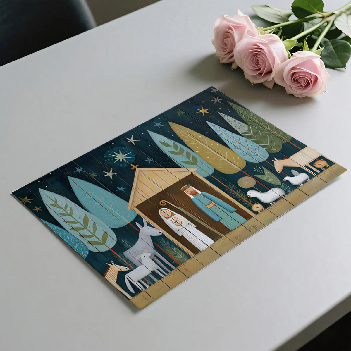 Stylized Nativity Forest Mural Wallpaper —Folk Art Woodland Scene Mural Wallpaper - room preview 03