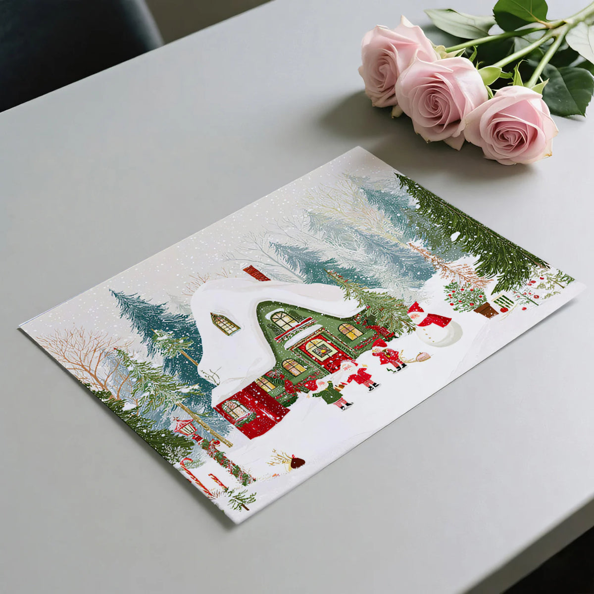 Winter Forest Cottage Mural Wallpaper — Whimsical Holiday Scene Mural Wallpaper - room preview 03
