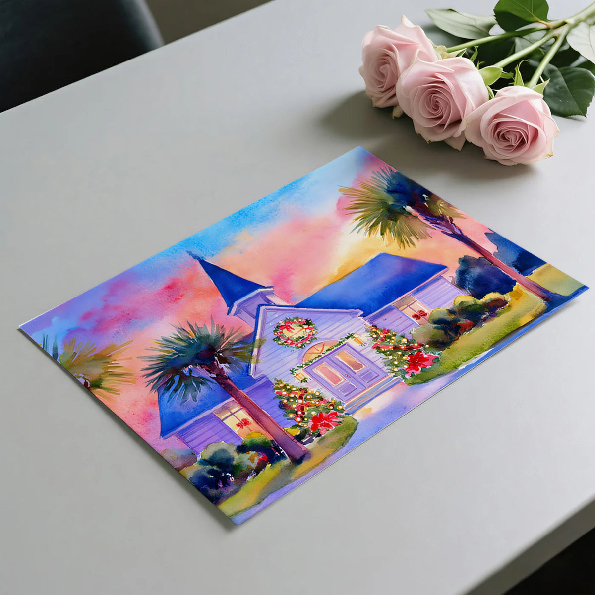 Tropical Christmas Church Watercolor Mural Wallpaper - room preview 03