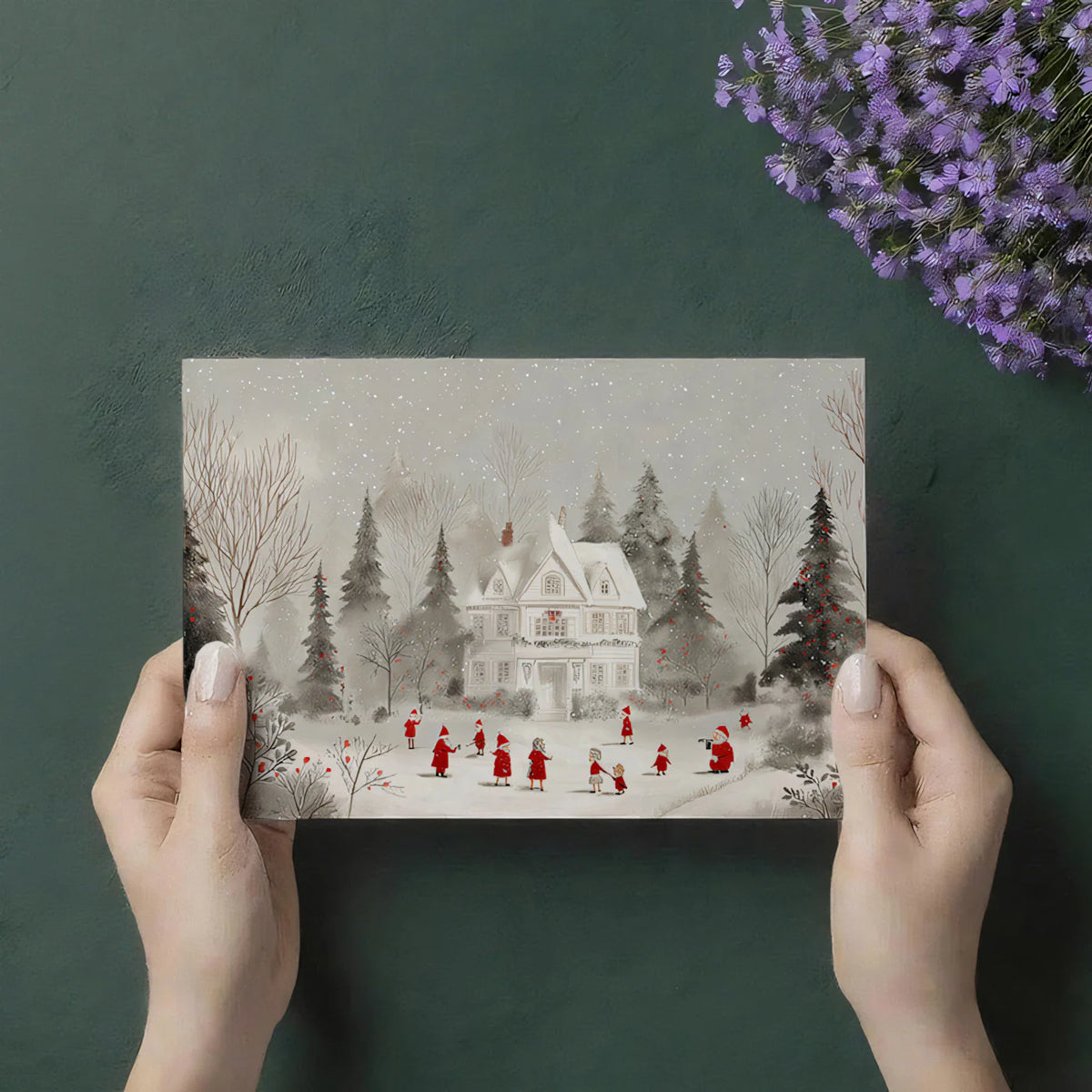 Snowy Victorian Mansion Illustration Mural Wallpaper - room preview 03