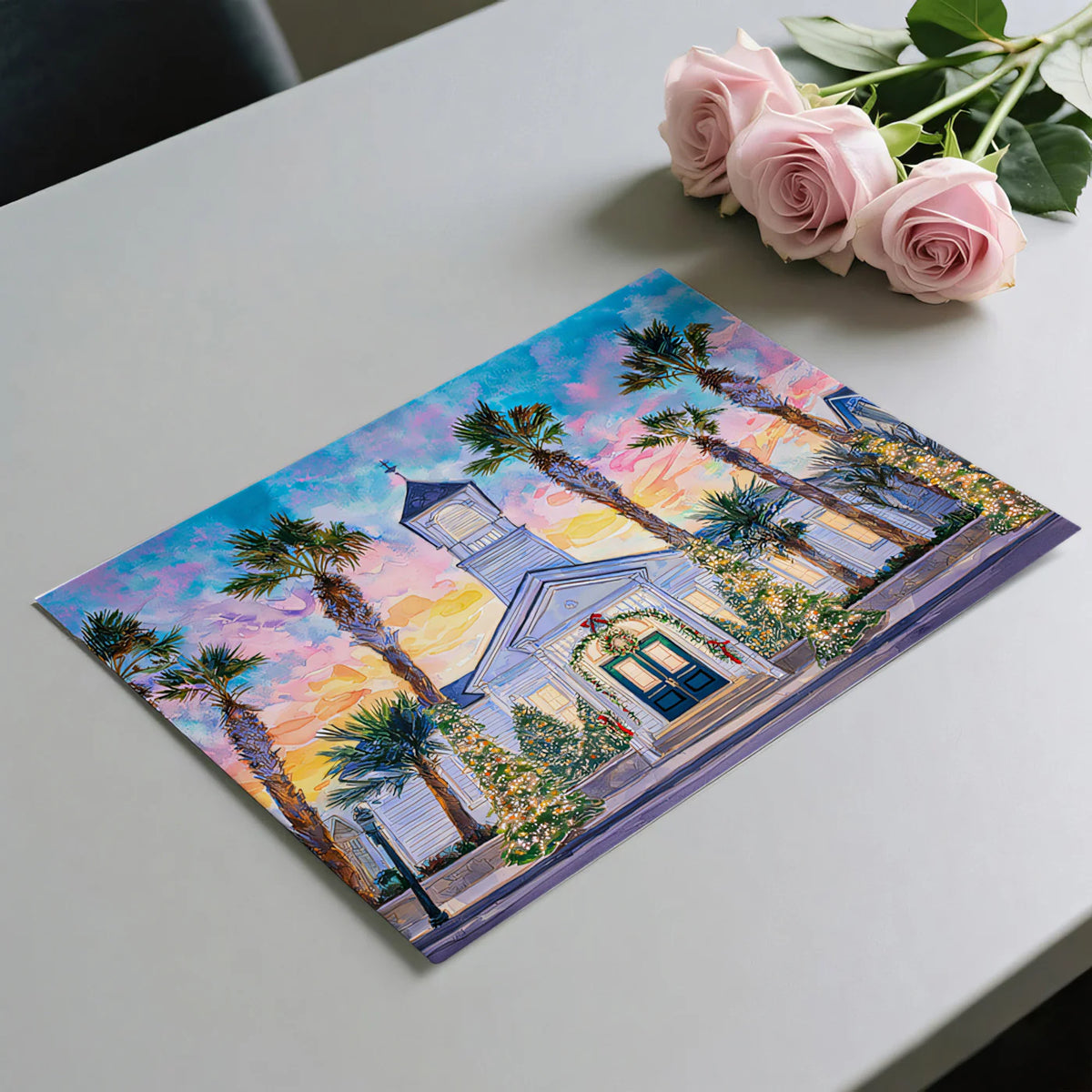 Tropical Coastal Church Mural Wallpaper — Artistic Sunset Scene Mural Wallpaper - room preview 03