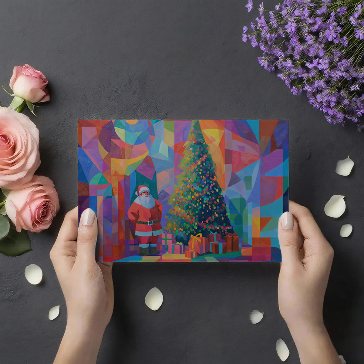 Cubist Holiday Santa Mural Wallpaper — Expressionist Festive Art Mural Wallpaper - room preview 03