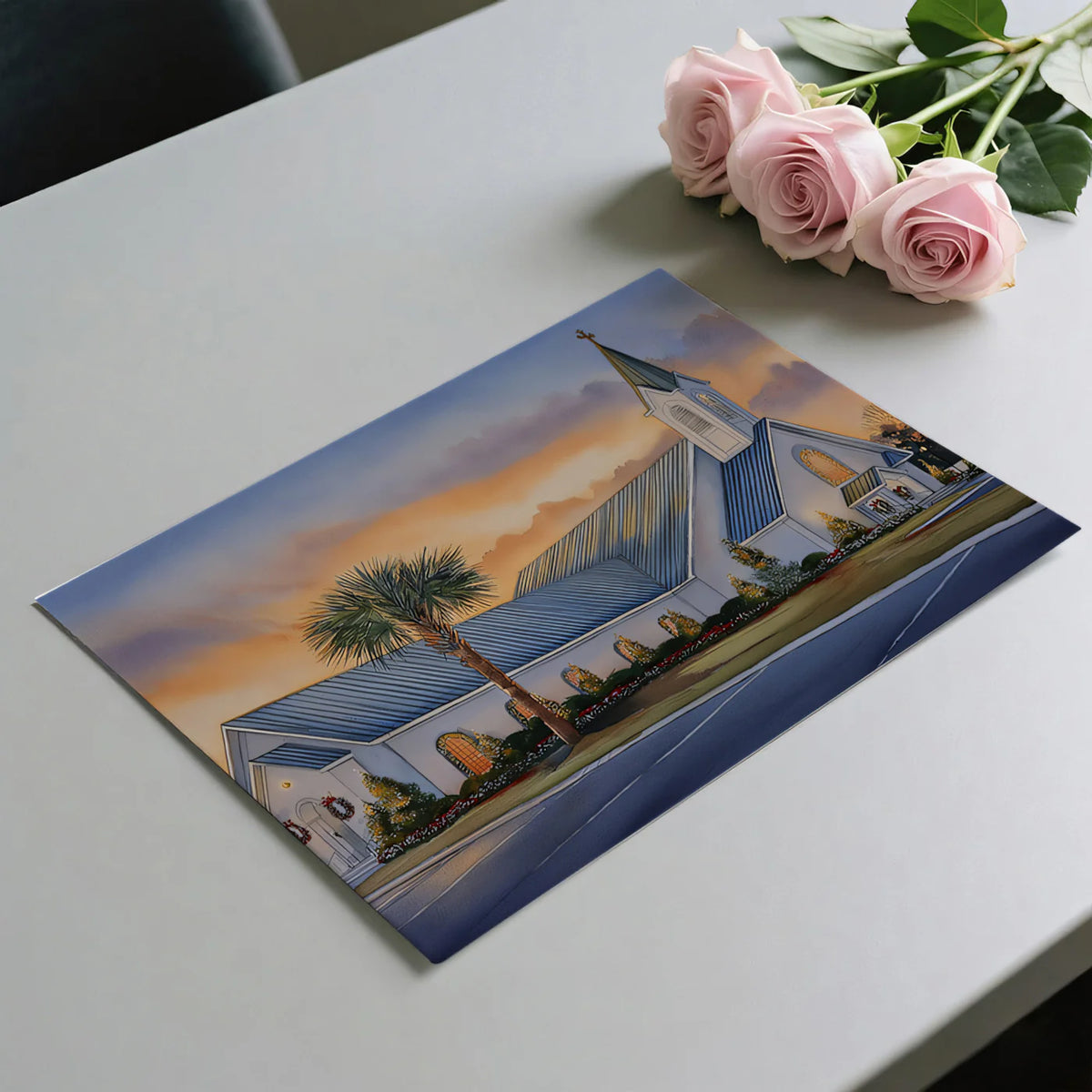Coastal Church Sunset Mural Wallpaper — Warm Watercolor Landscape Mural Wallpaper - room preview 03