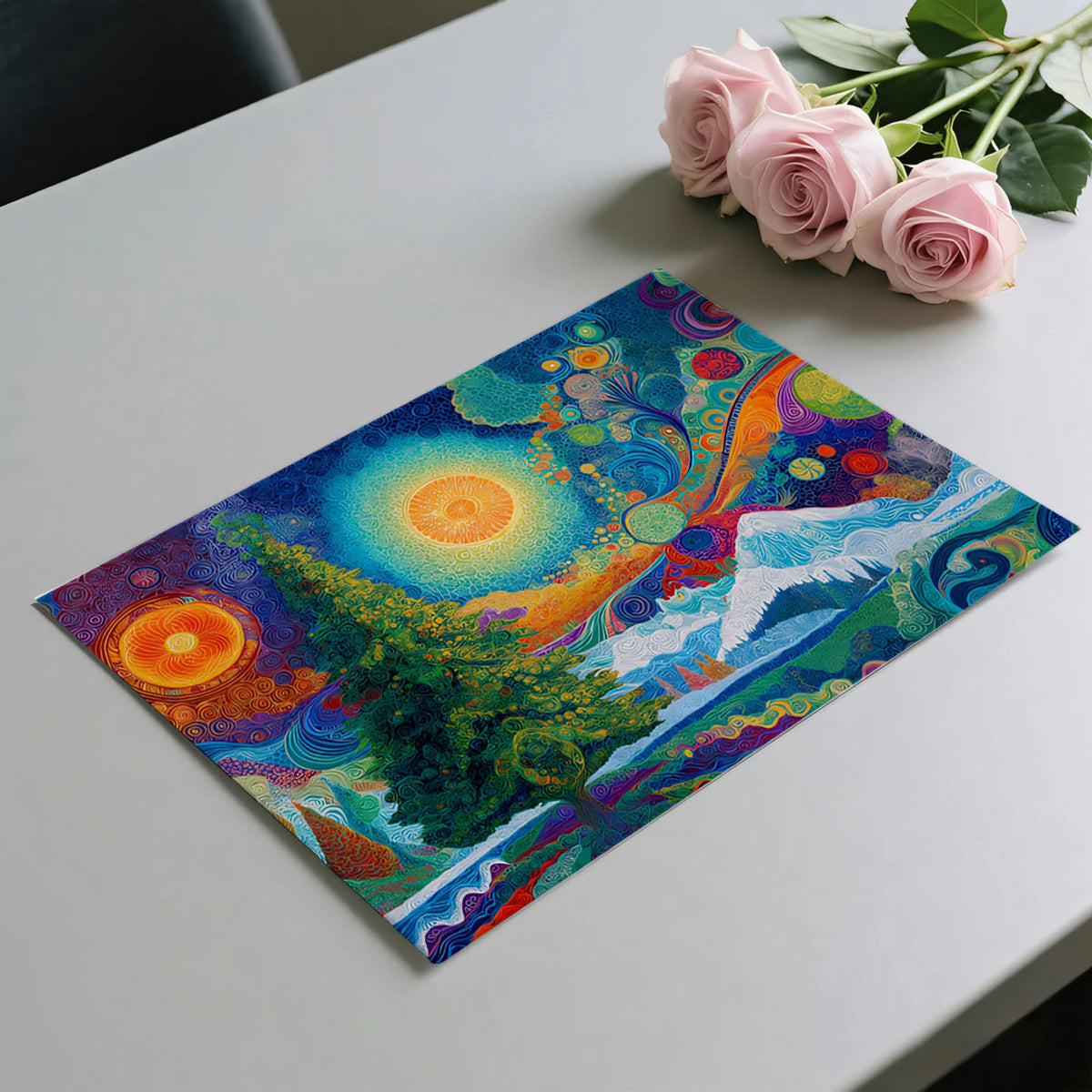 Cosmic Sun Mandala Mural Wallpaper — Vibrant Psychedelic Landscape Mural Wallpaper - room preview 03