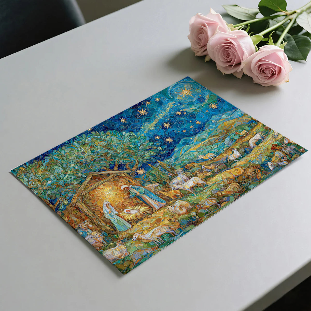 Nativity Mosaic Mural Wallpaper — Starlit Artistic Landscape Mural Wallpaper - room preview 03