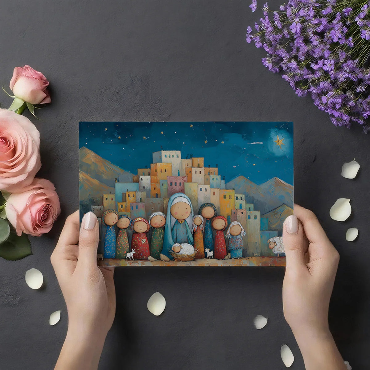 Stylized Folk Art Nativity Scene Mural Wallpaper Whimsical Townscape Mural Wallpaper - room preview 03