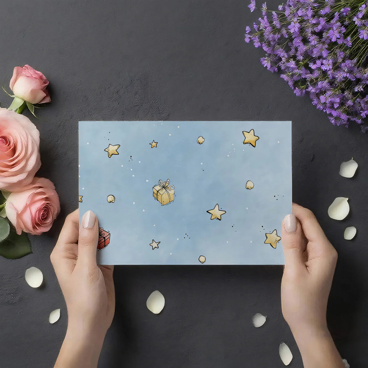 Floating Stars and Gifts Mural Wallpaper —Whimsical Sketch Mural Wallpaper - room preview 03
