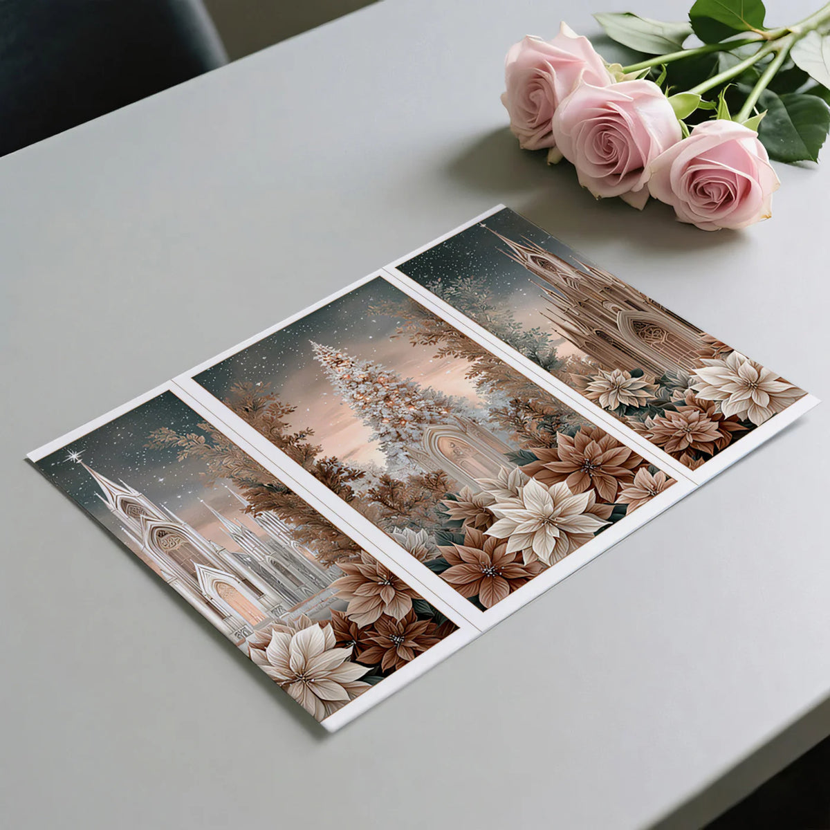 Gothic Poinsettia Triptych Mural Wallpaper — Antique Sepia Finish Mural Wallpaper - room preview 03