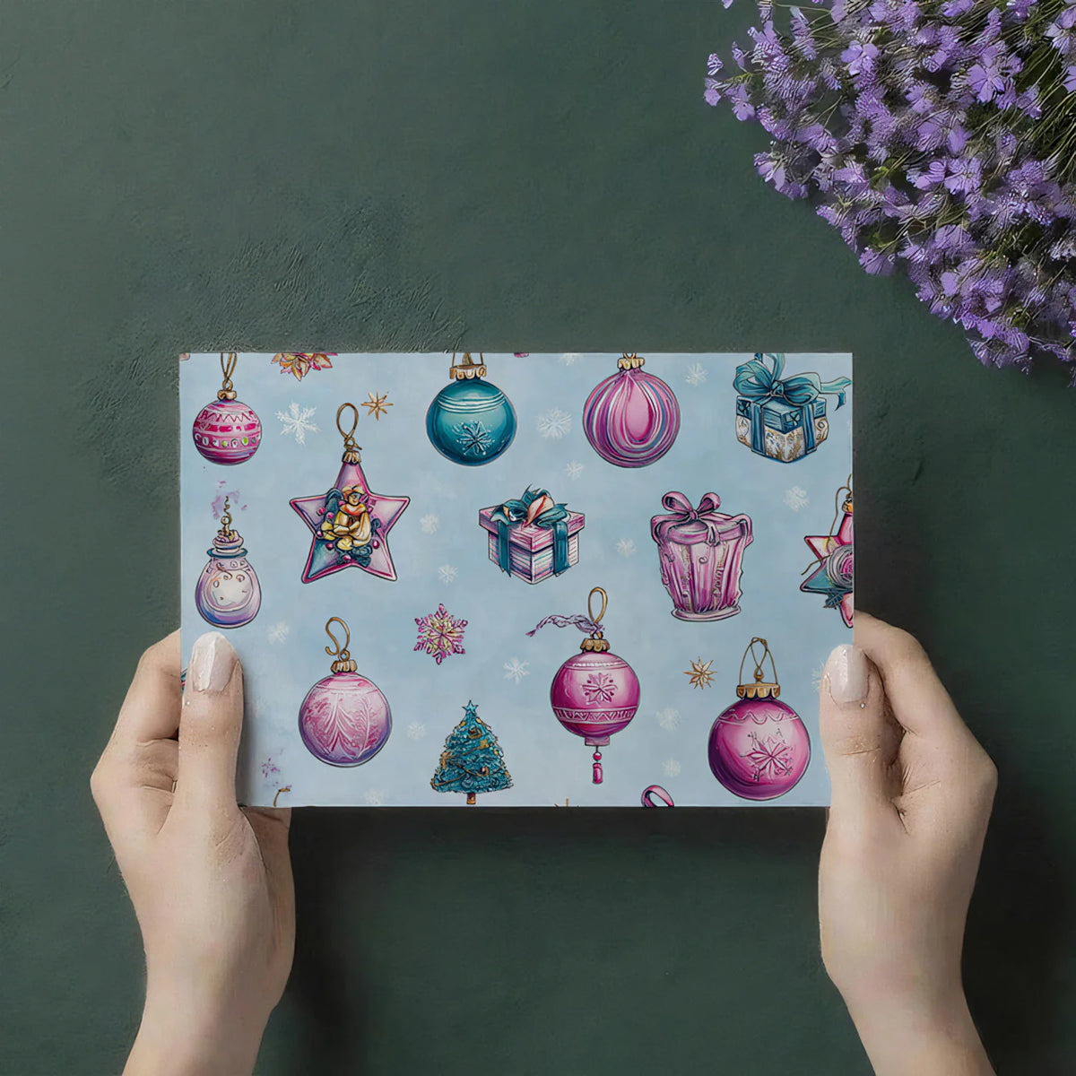 Whimsical Holiday Ornament Mural Wallpaper — Watercolor Blue & Pink Mural Wallpaper - room preview 03