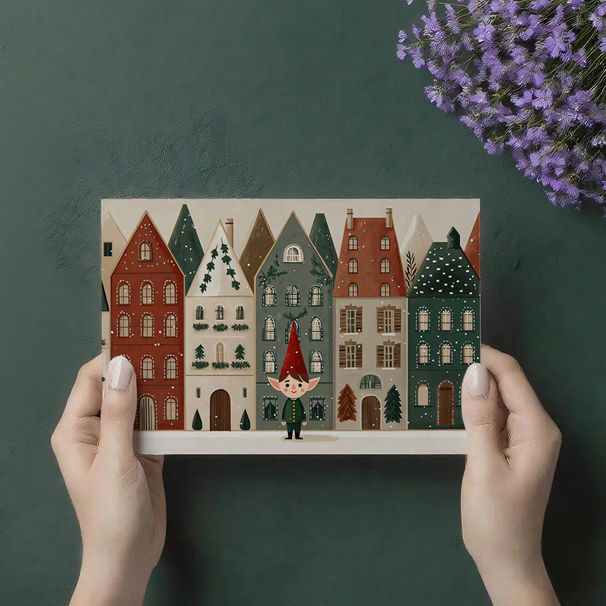 Nordic Row House and Elf Mural Wallpaper — Whimsical Winter Scene Mural Wallpaper - room preview 03