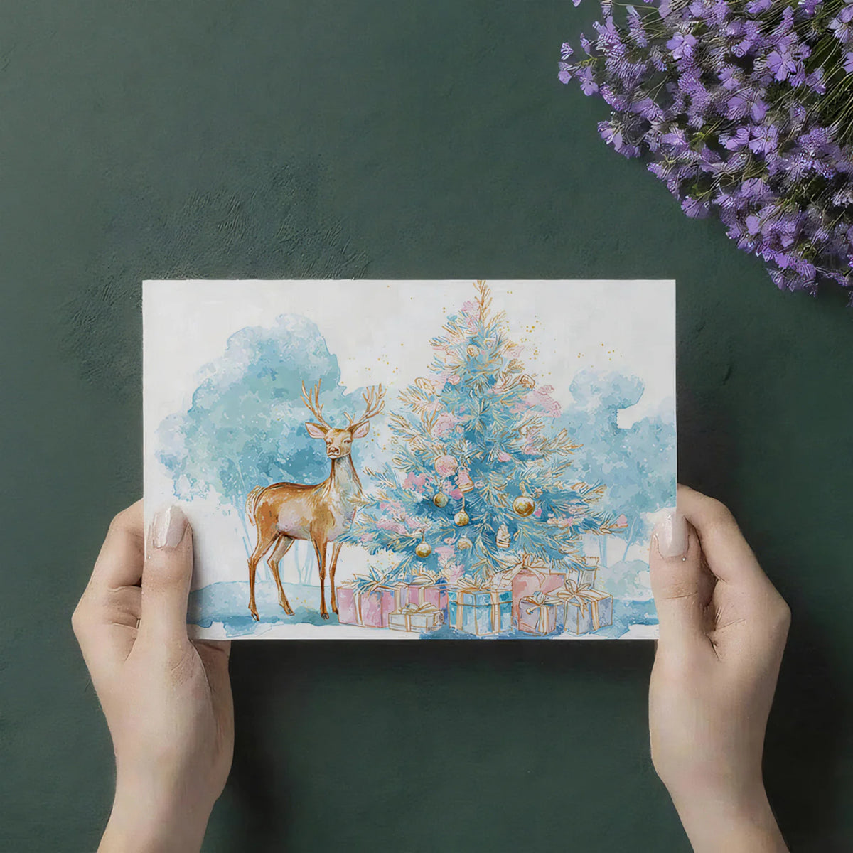 Watercolor Deer and Christmas Tree Mural — Soft Pastel Holiday Mural Wallpaper - room preview 03