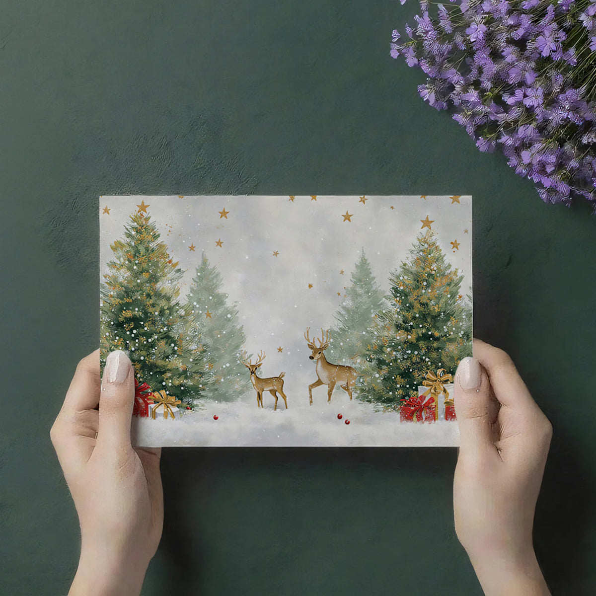 Winter Forest Deer Mural Wallpaper — Festive Gold and Green Scene Mural Wallpaper - room preview 03