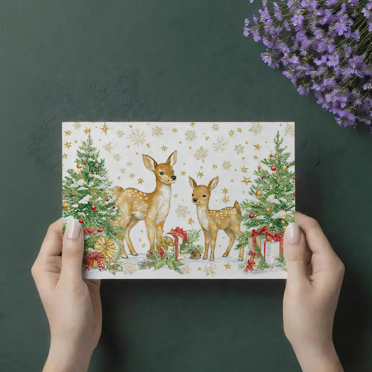 Deer and Holiday Tree Mural Wallpaper — Traditional Festive Scene Mural Wallpaper - room preview 03