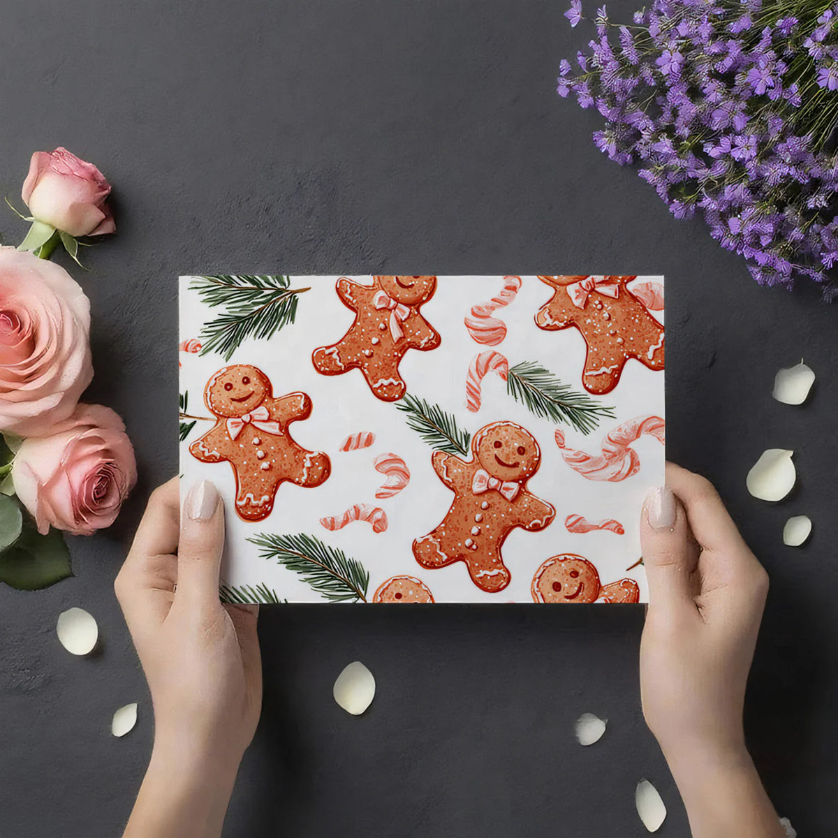 Gingerbread and Pine Branch Mural Wallpaper — Whimsical Holiday Art Mural Wallpaper - room preview 03