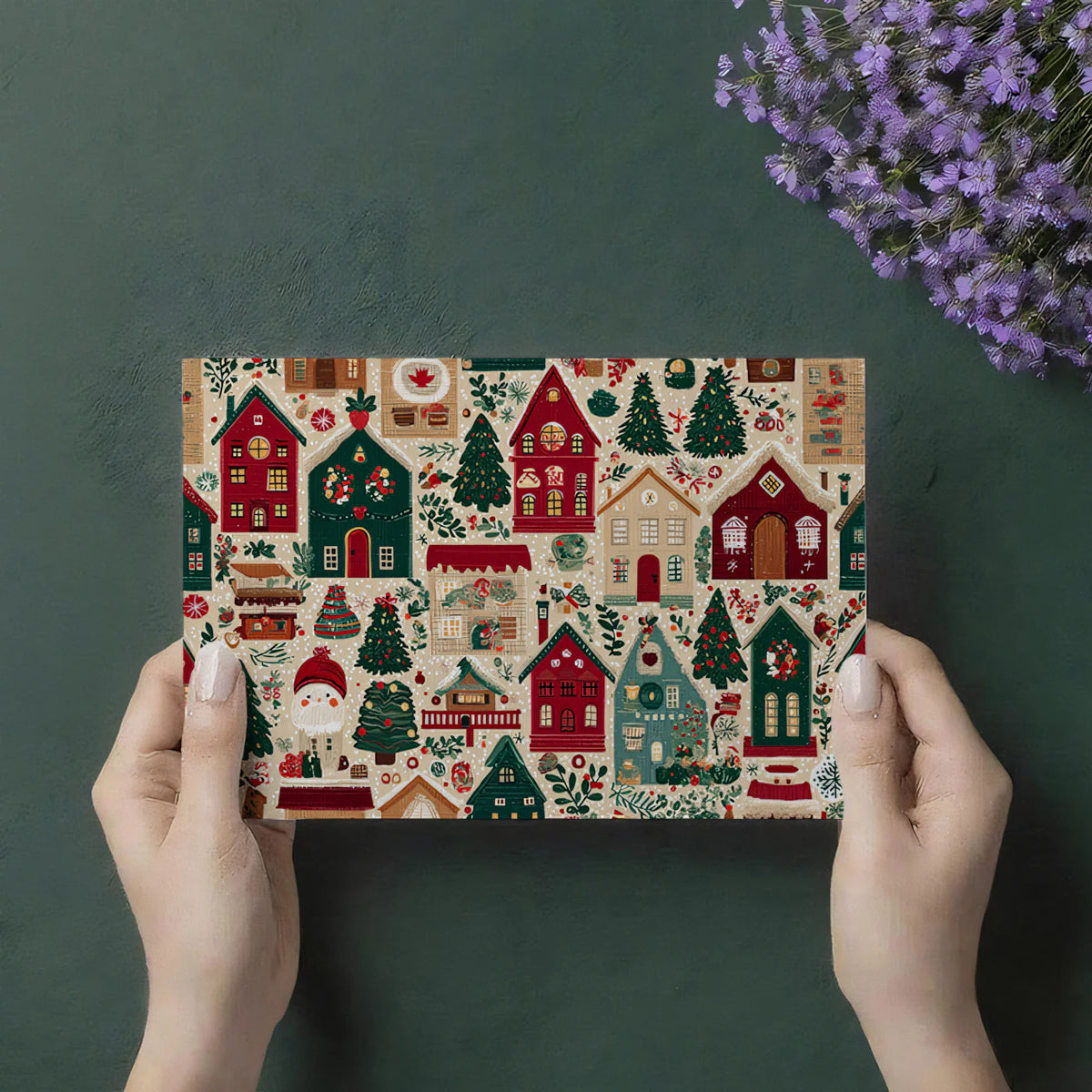 Folk Art Christmas Village Mural Wallpaper — Whimsical Holiday Decor Mural Wallpaper - room preview 03