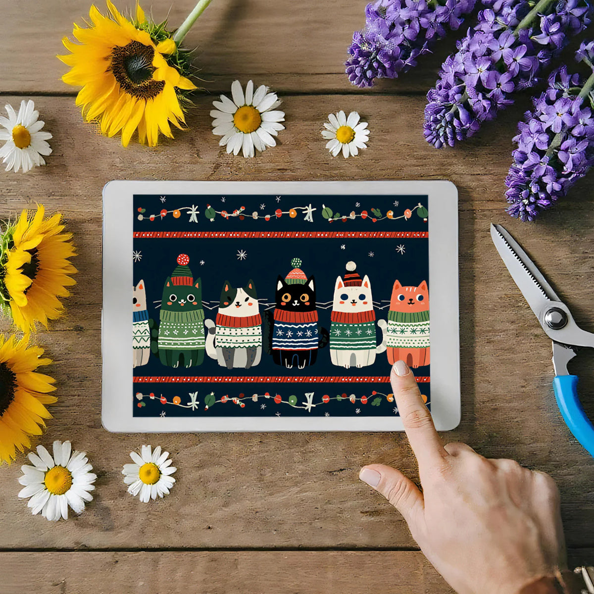 Nordic Cat Sweater Border Mural Wallpaper — Festive Folk Art Style Mural Wallpaper - room preview 03