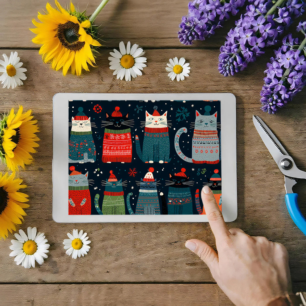 Festive Winter Cats Mural Wallpaper — Whimsical Holiday Pattern Mural Wallpaper - room preview 03