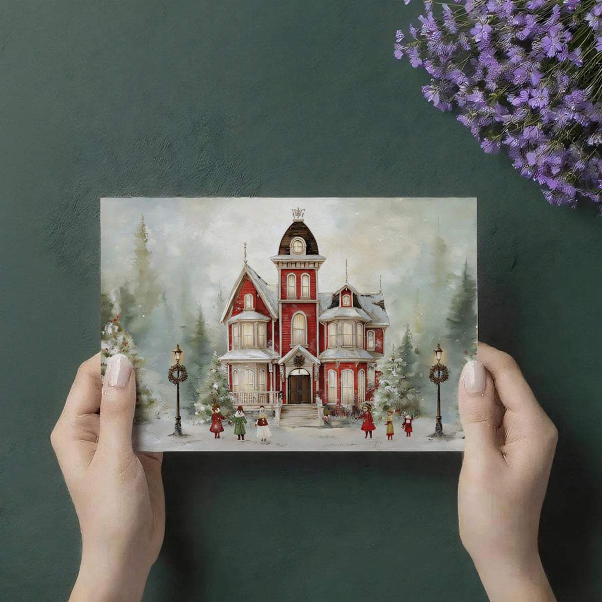 Victorian Mansion Winter Scene Mural Wallpaper — Festive Holiday Art Mural Wallpaper - room preview 03