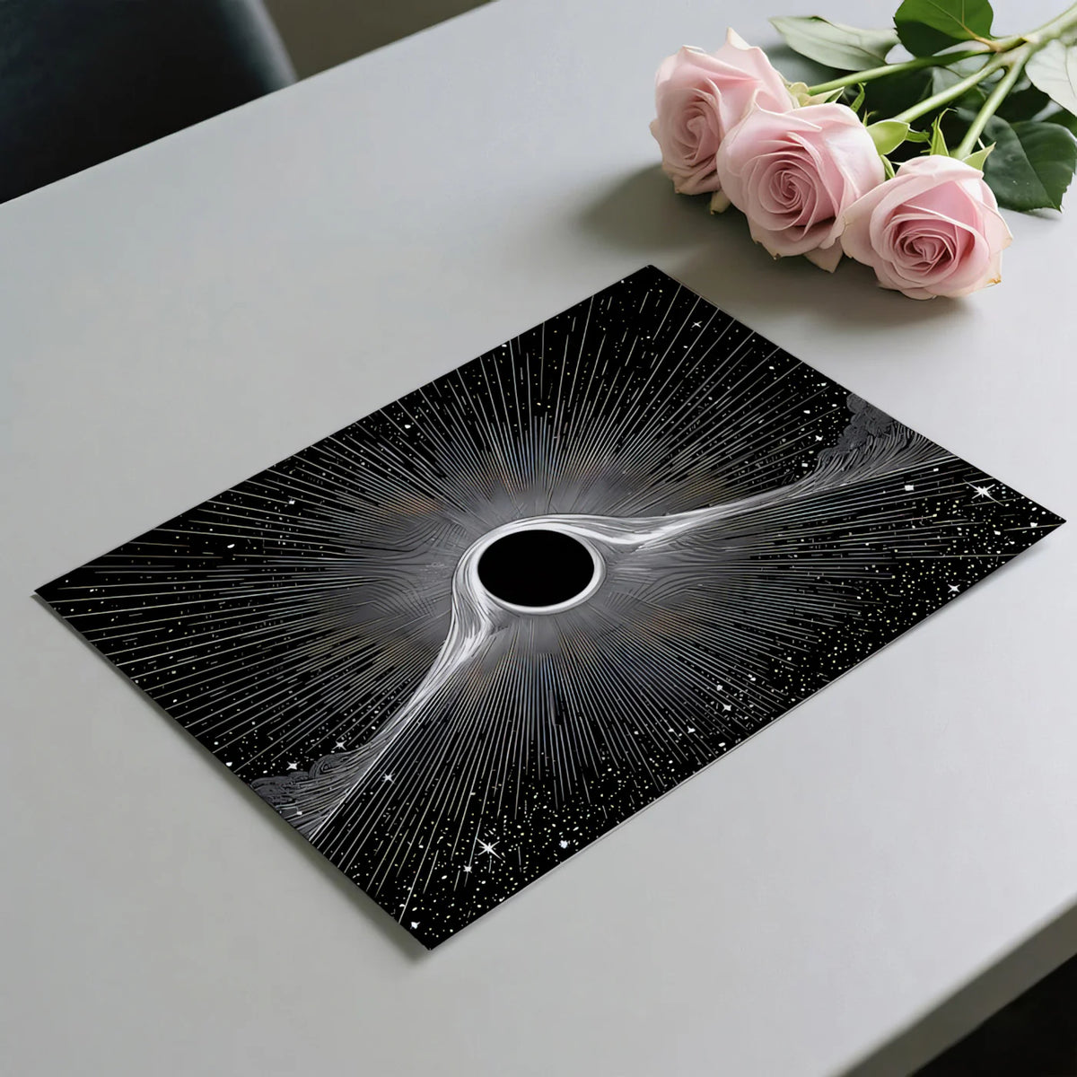 Black Hole Distortion Mural Wallpaper — Monochromatic Cosmic Art Mural Wallpaper - room preview 03