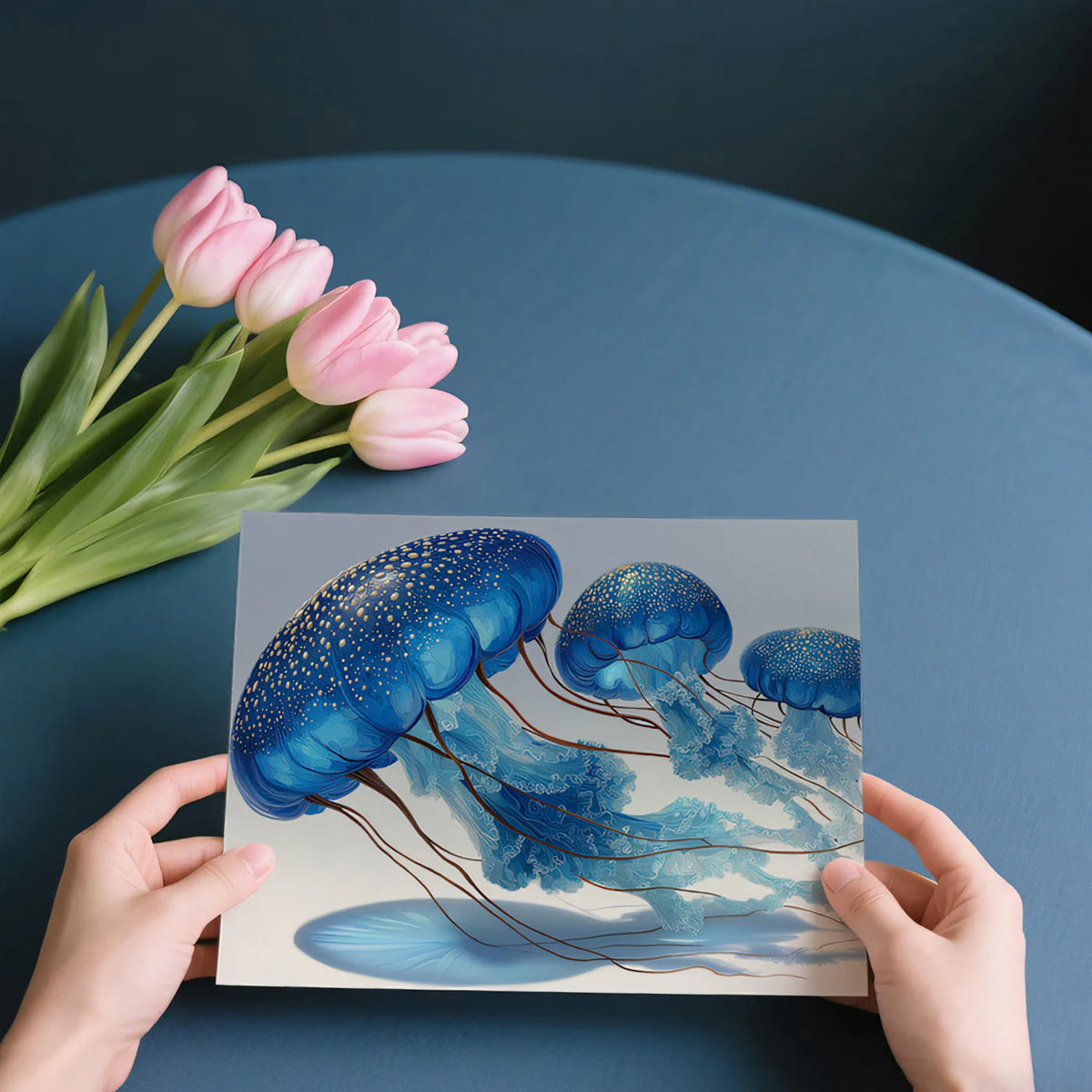 Floating Blue Jellyfish Trio Mural Wallpaper — Stylized Marine Art Mural Wallpaper - room preview 03