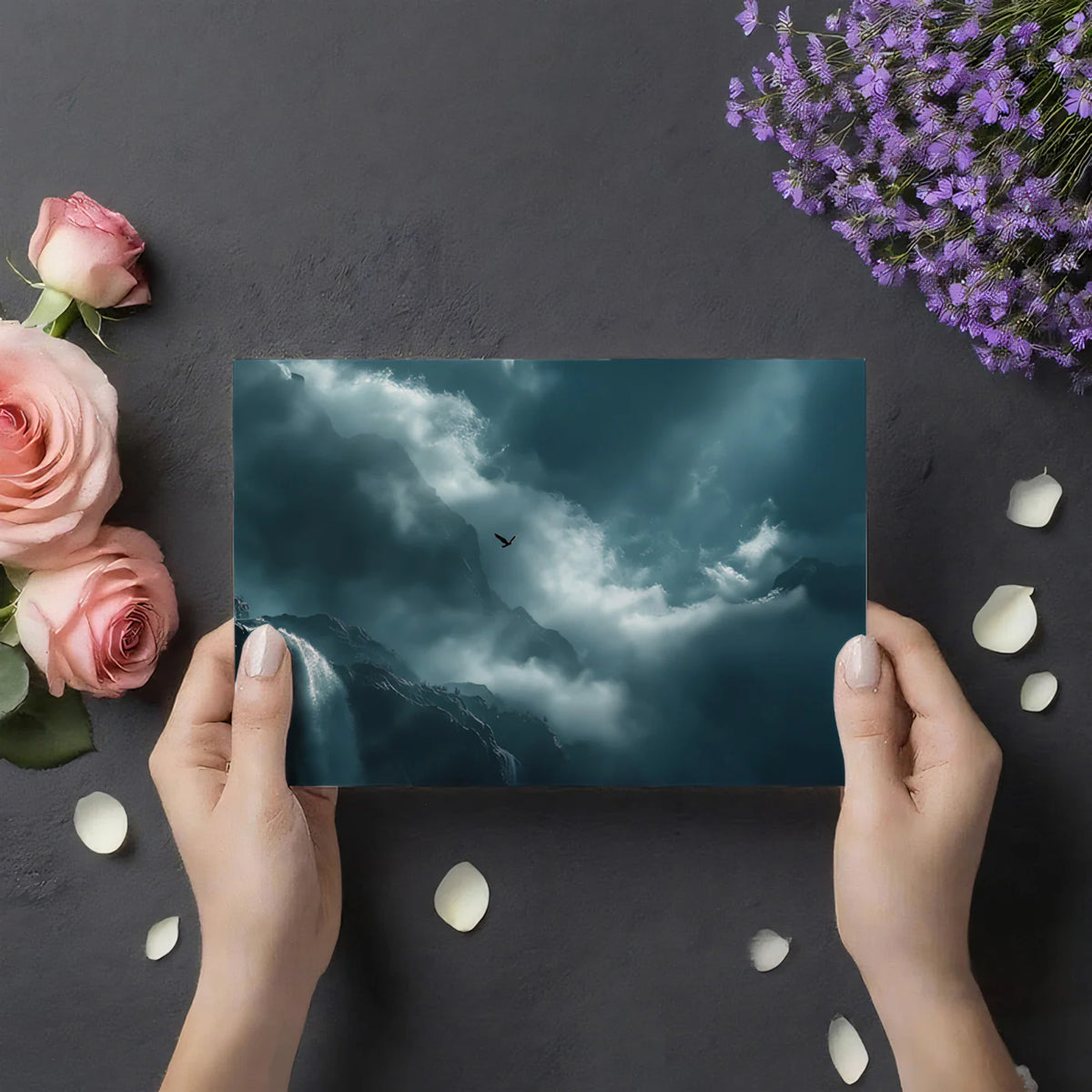 Mist-Covered Waterfall Mural Wallpaper — Moody Teal Mountain Scene Mural Wallpaper - room preview 03