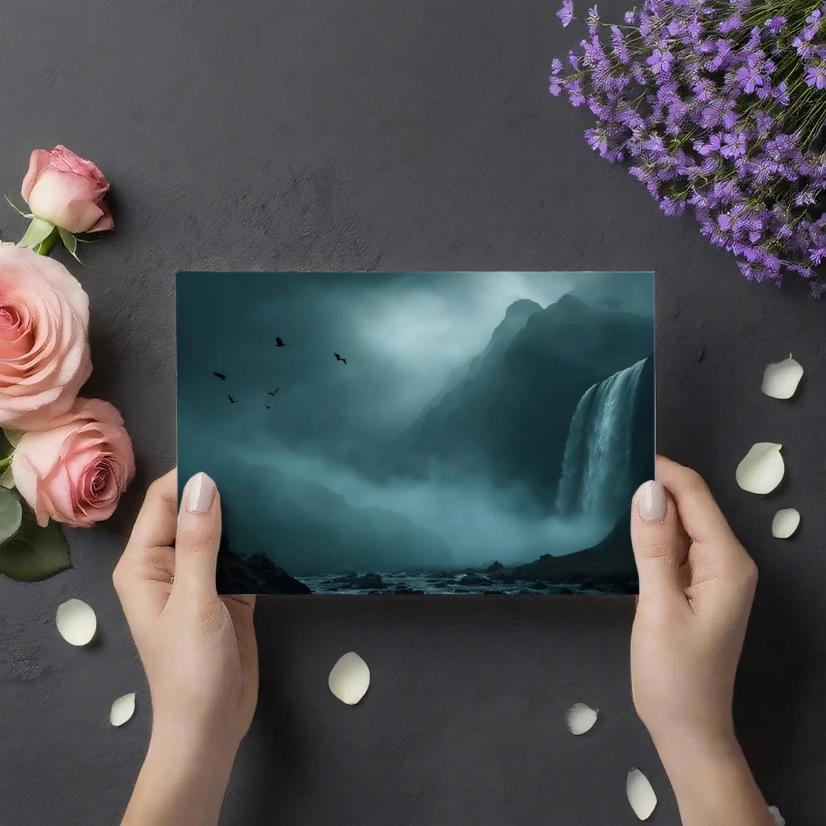 Misty Mountain Waterfall Mural Wallpaper — Cinematic Dark Landscape Mural Wallpaper - room preview 03
