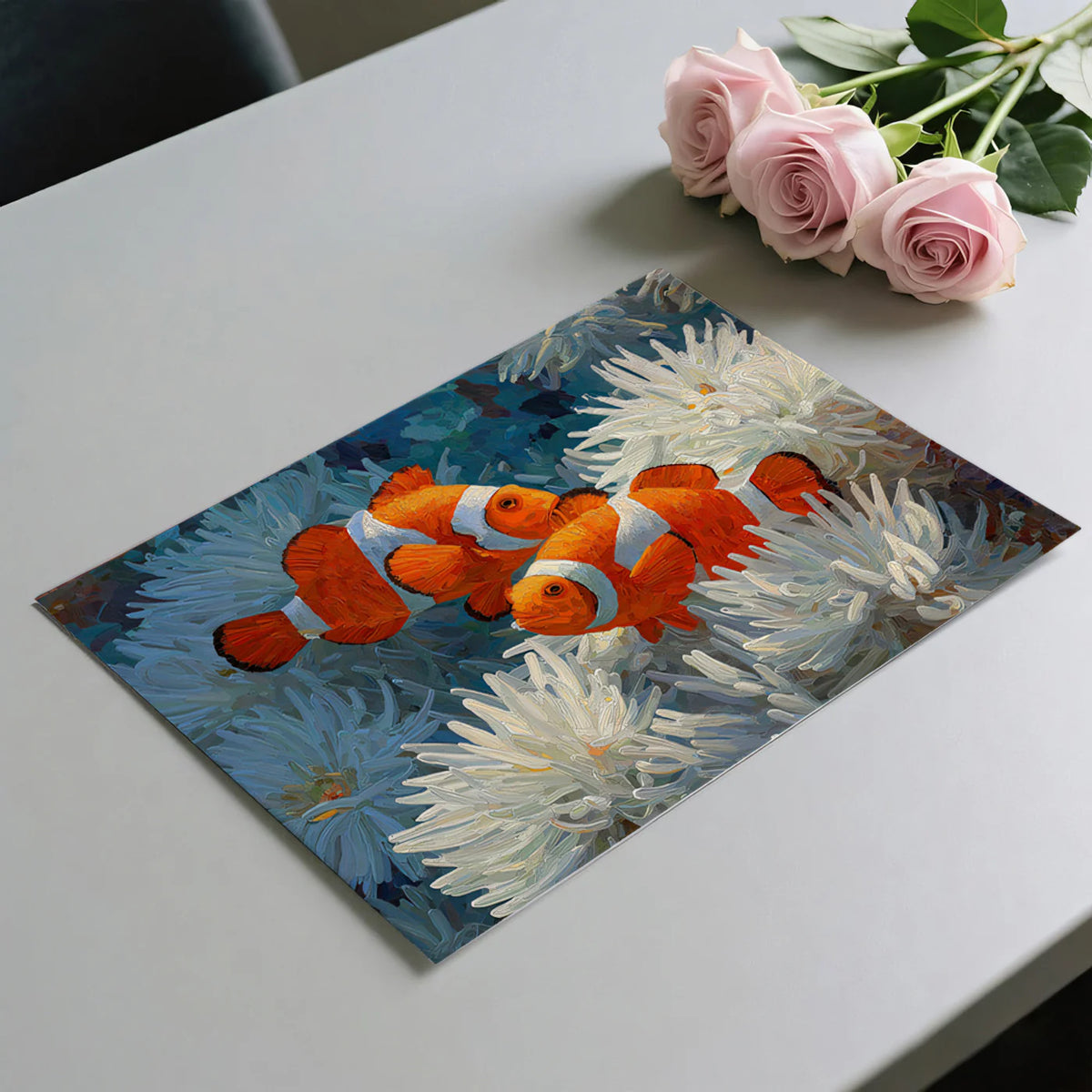 Clownfish and White Anemone Impasto Mural Wallpaper - room preview 03