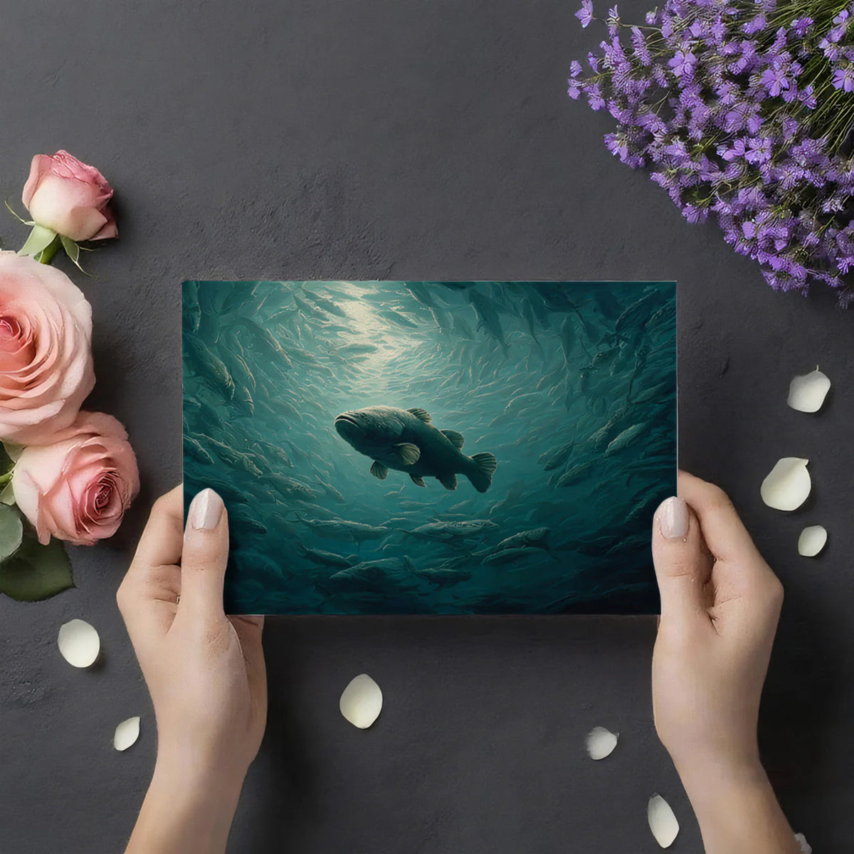 Deep Sea Schooling Fish Mural Wallpaper — Oil Painting Style Mural Wallpaper - room preview 03