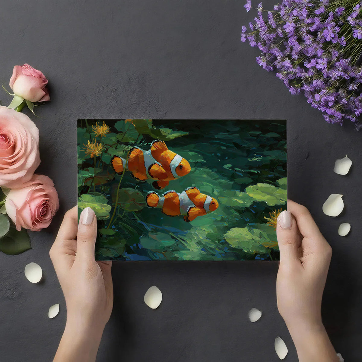 Clownfish and Water Lily Pond Mural Wallpaper — Oil Painting Style Mural Wallpaper - room preview 03