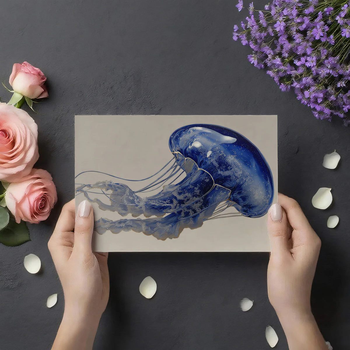 Glassy Jellyfish Mural Wallpaper — Surreal Blue Marine Art Mural Wallpaper - room preview 03